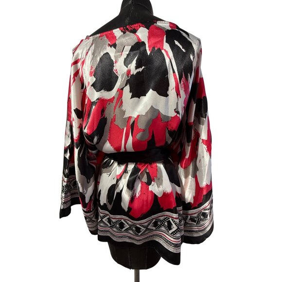 LANE BRYANT Satin Kimono Size 14–20 Red Black Abstract Print Belted Top - Picture 4 of 5